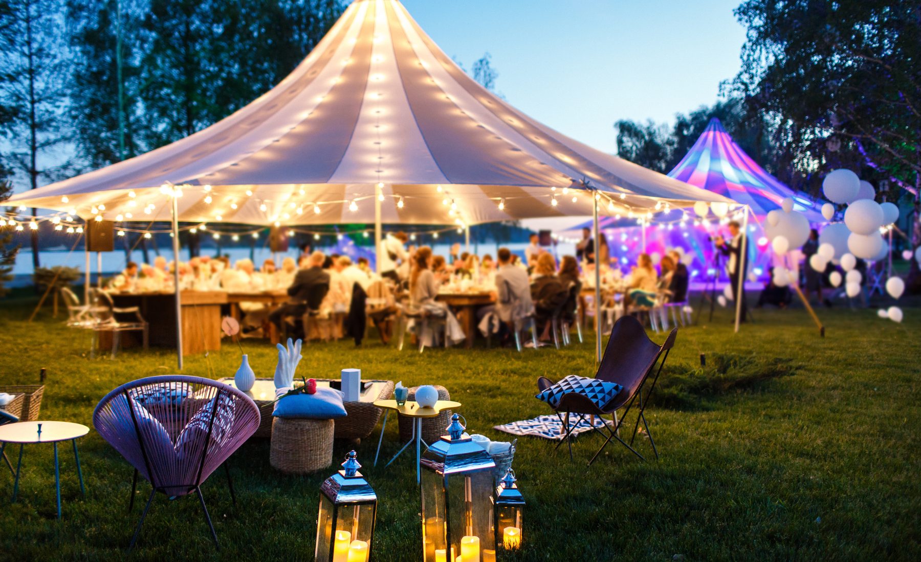 Private event marquee at dusk