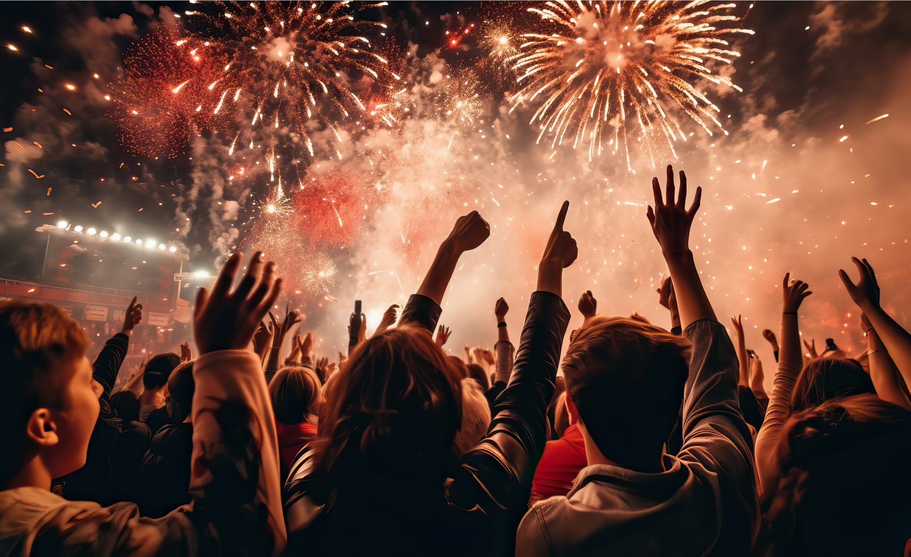 Public firework display with crowd watching
