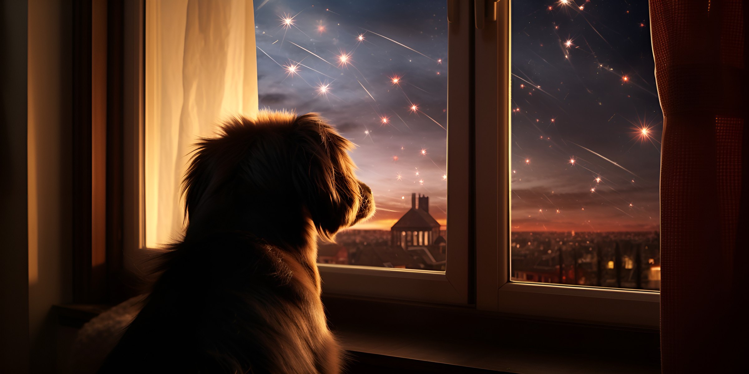 Dog looking out at fireworks from indoors