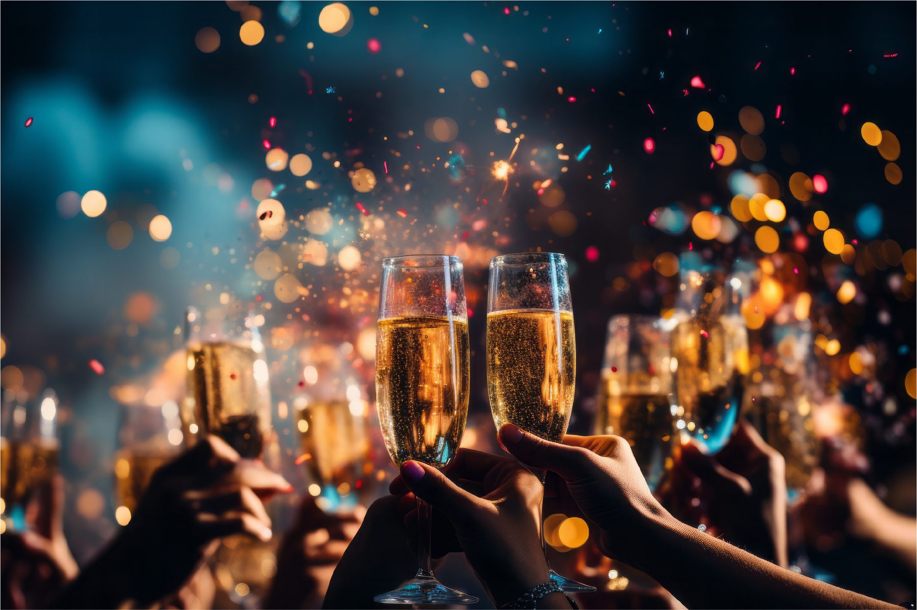 Champagne glasses raised at a private celebration
