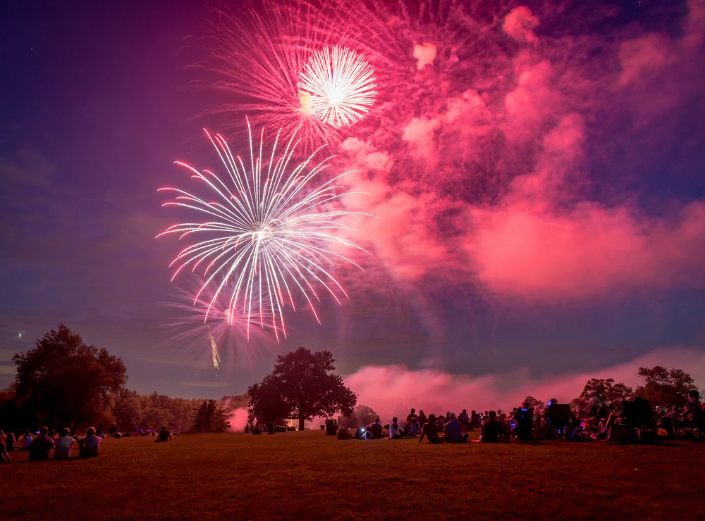 Large outdoor public firework display over a field