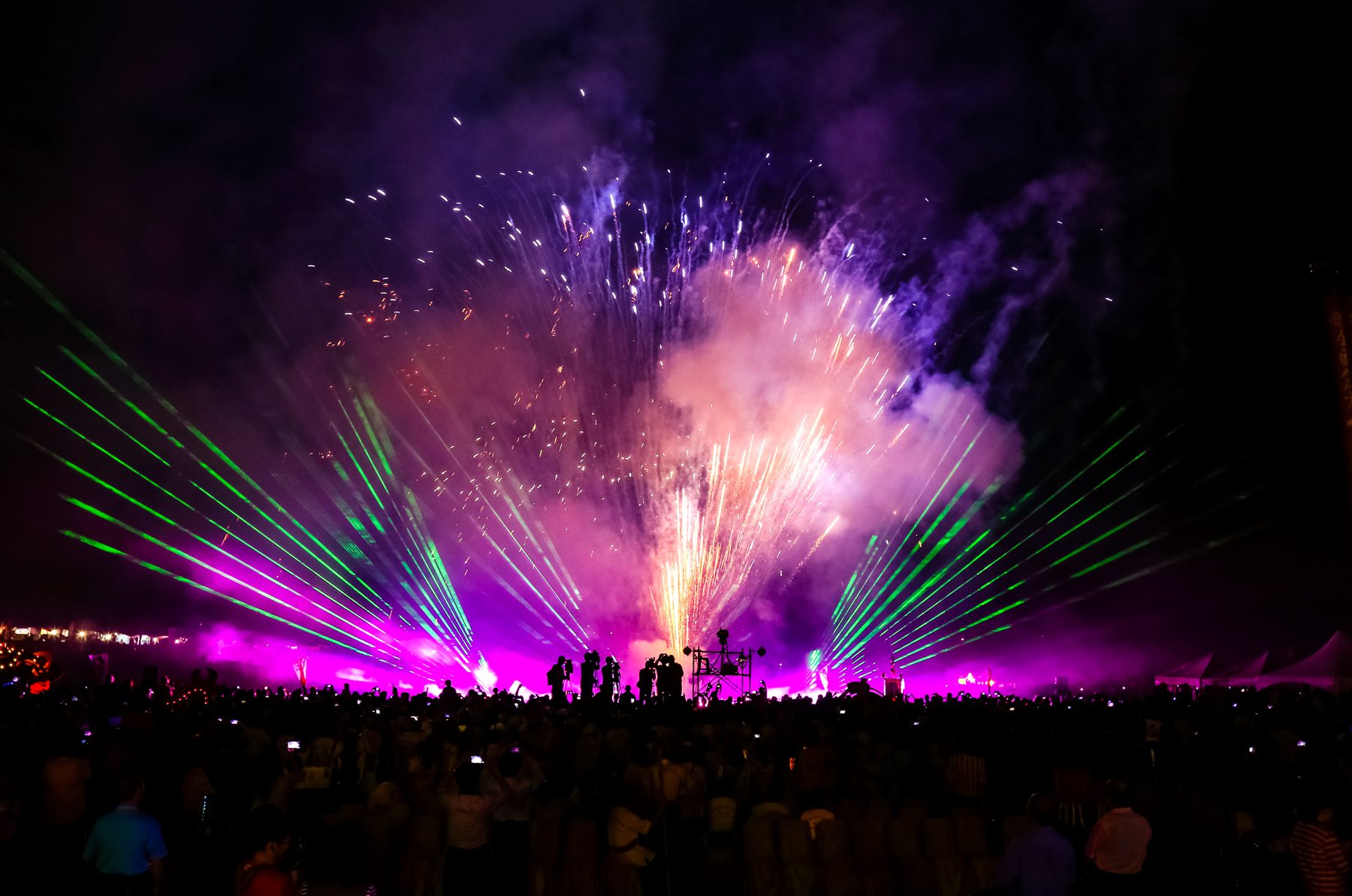 Large pyromusical show with fireworks, lasers and smoke effects