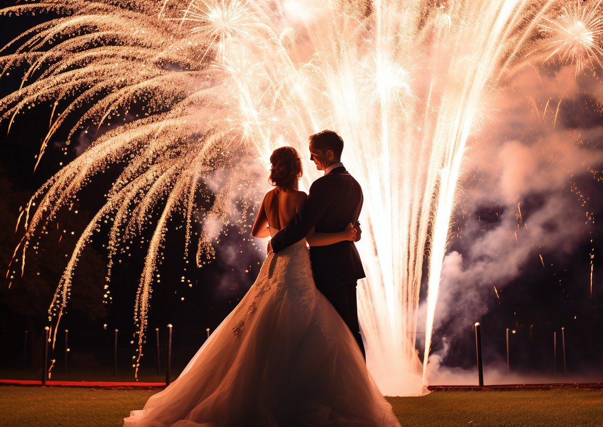 Bride and groom watching a professional wedding firework display